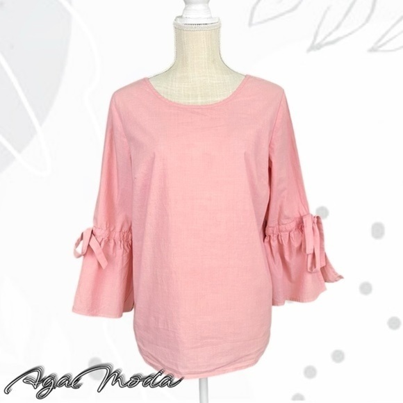 J.Crew Pastel Pink Long Sleeve Top with Bell Sleeve and Tie Finish - Picture 1 of 14